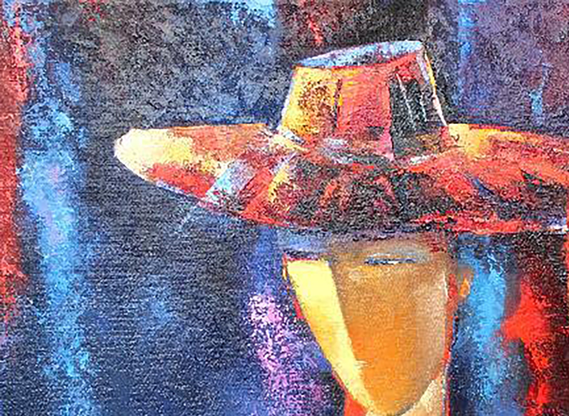 Oil painting Evening by Kirilenko Mikhail: vibrant red orange hat on blue background