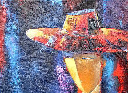 Oil painting Evening by Kirilenko Mikhail: vibrant red orange hat on blue background