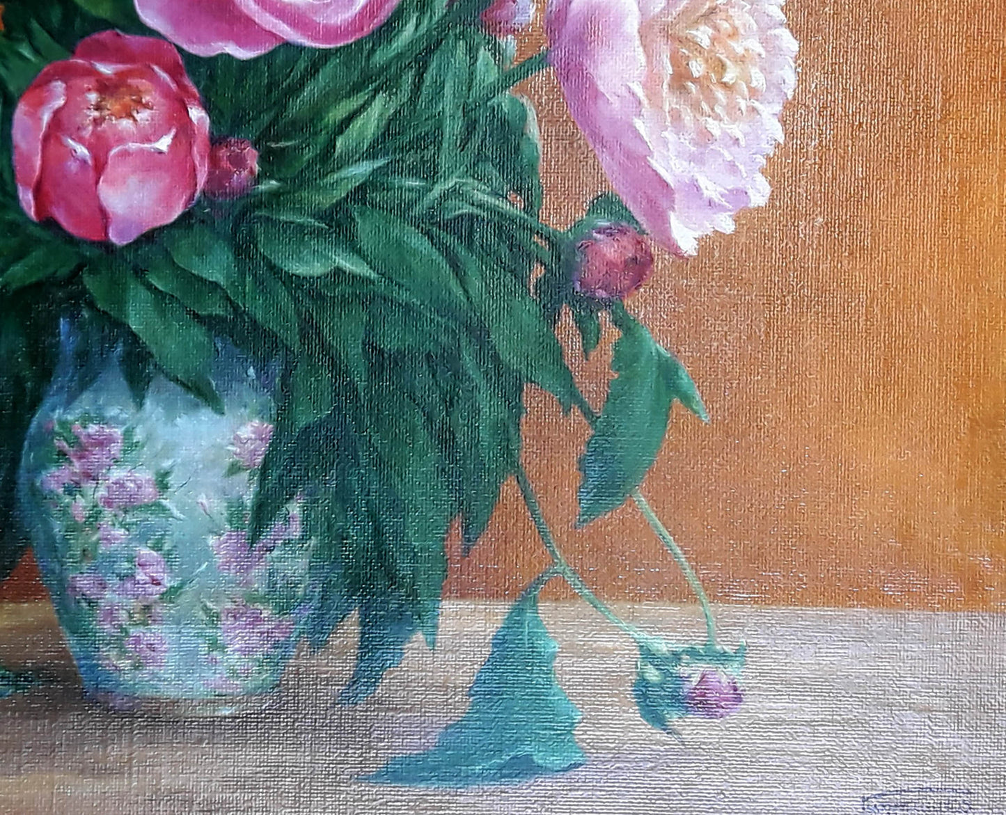 Oil painting of pink peonies by Korkishko Vasily in floral porcelain vase