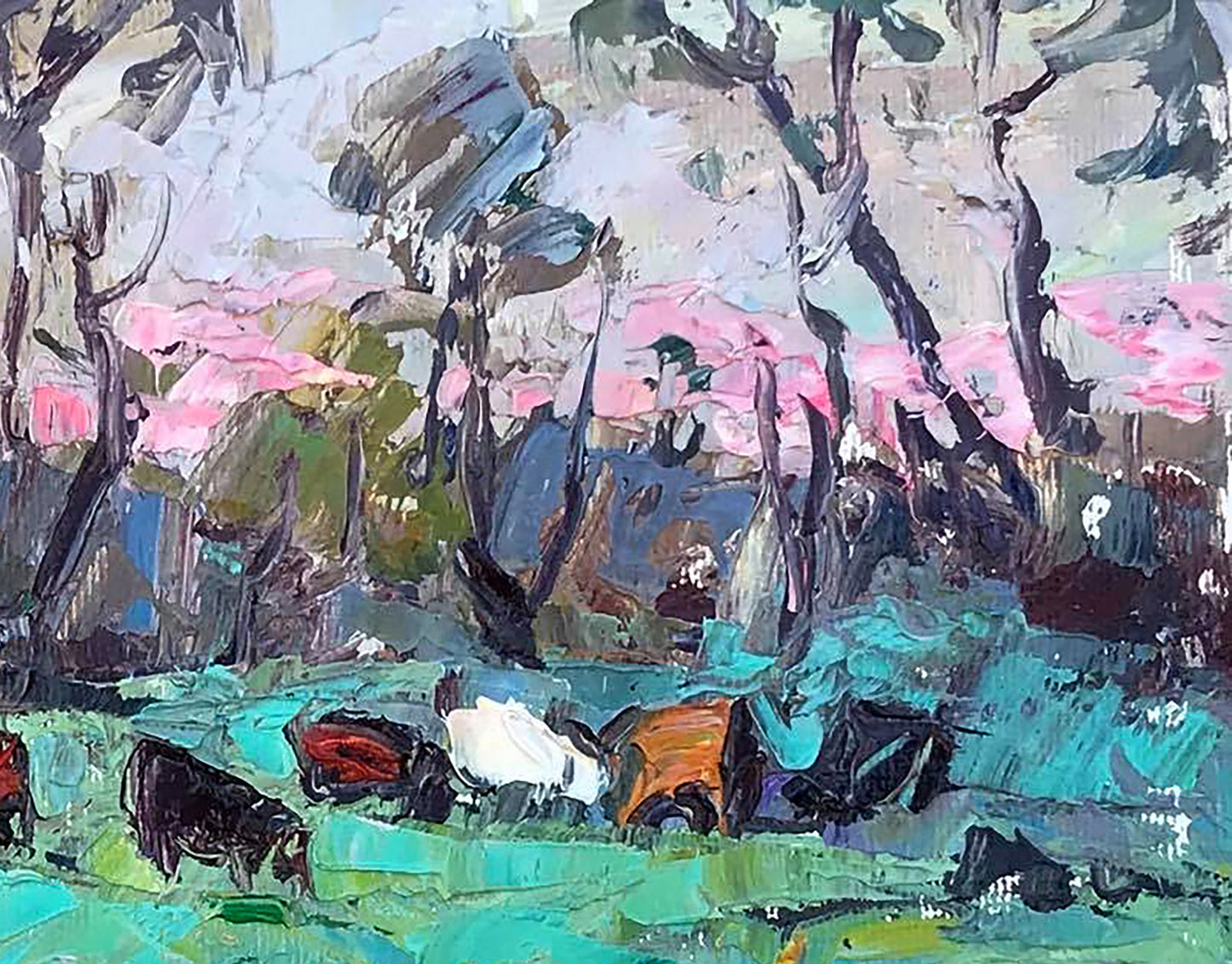 Oil painting Morning in the Meadows by Ivanyuk Alex: cows in teal field