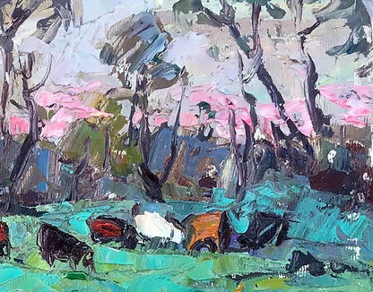 Oil painting Morning in the Meadows by Ivanyuk Alex: cows in teal field