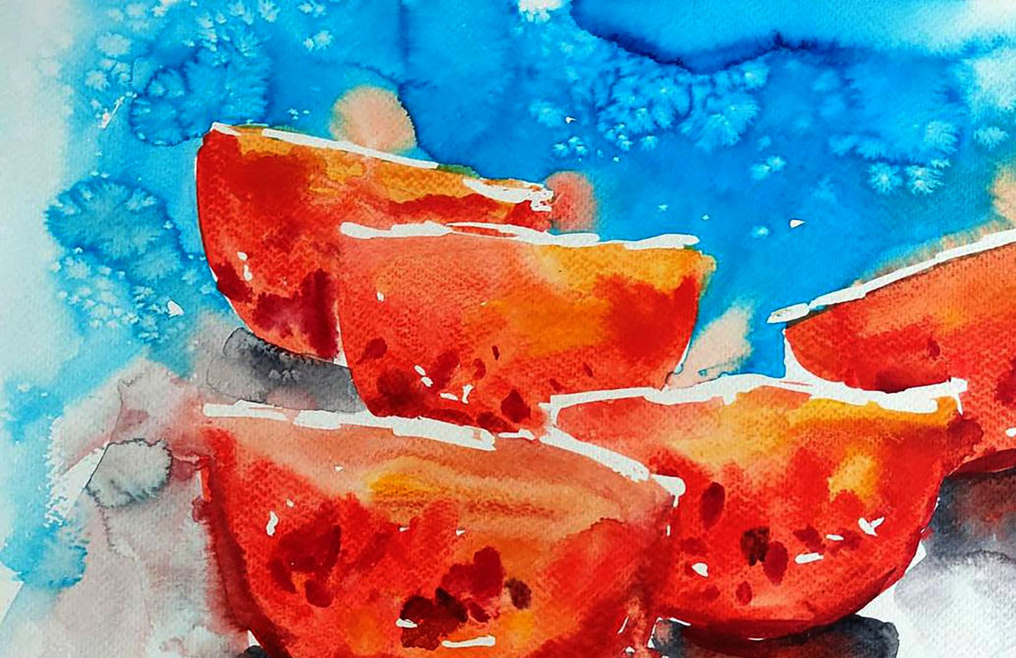 Vibrant red watercolor watermelon slices by Elena Klimenko on blue background