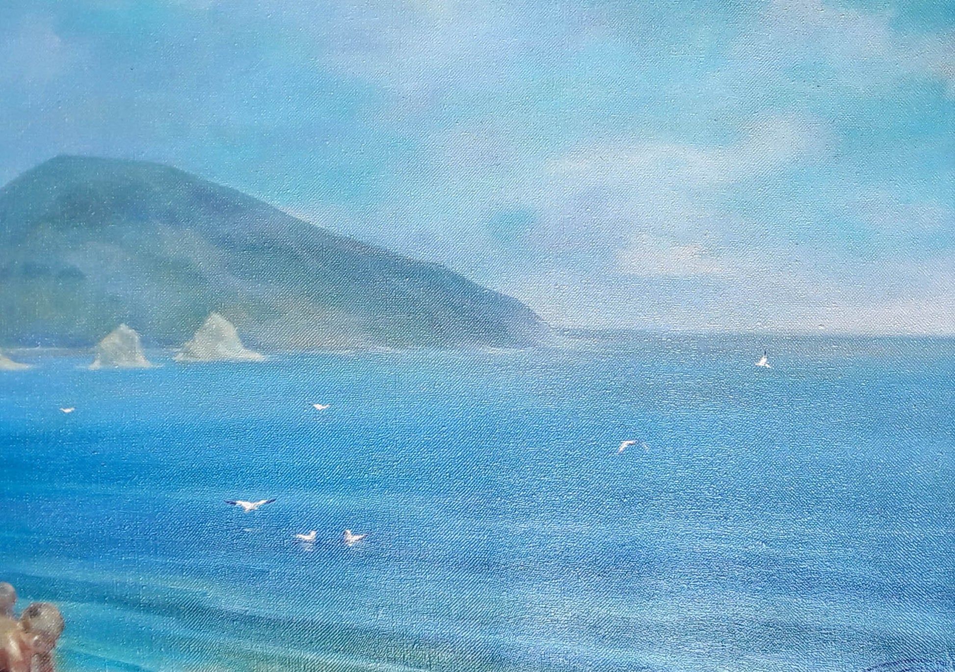 Serene ocean oil painting by Korkishko Vasily with islands and seagulls