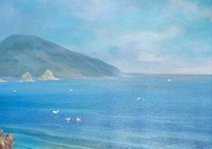 Serene ocean oil painting by Korkishko Vasily with islands and seagulls