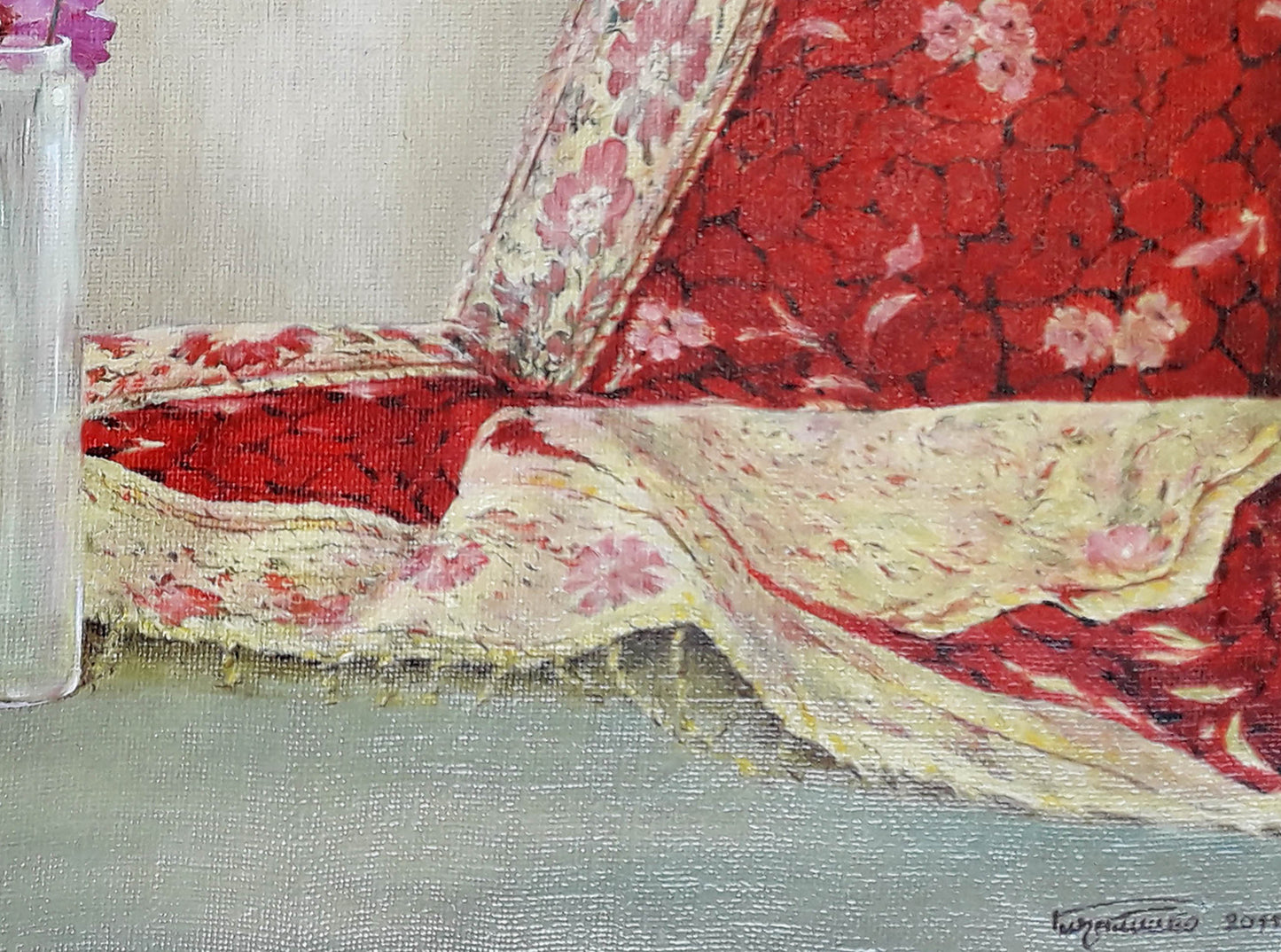 Oil painting of red cream floral sakura blossoms by Korkishko Vasily