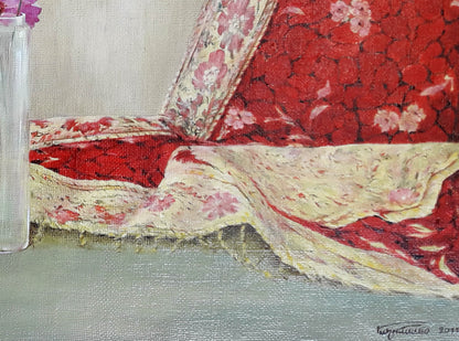 Oil painting of red cream floral sakura blossoms by Korkishko Vasily