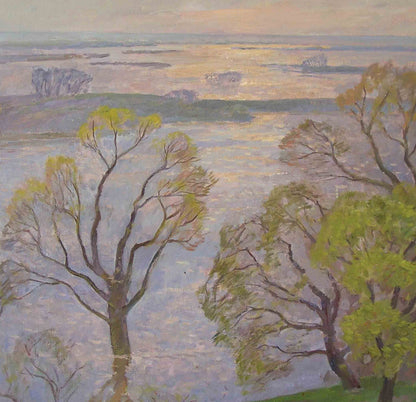 Oil painting Flood by Rapoport Boris Naumovich: tranquil autumn river landscape
