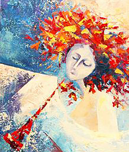 Oil painting Spring song Kirilenko Ivan: serene woman in red-orange hair on blue background