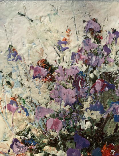 Oil painting Flowers Mazur Vladimir: vibrant purple pink blue flowers on textured white canvas