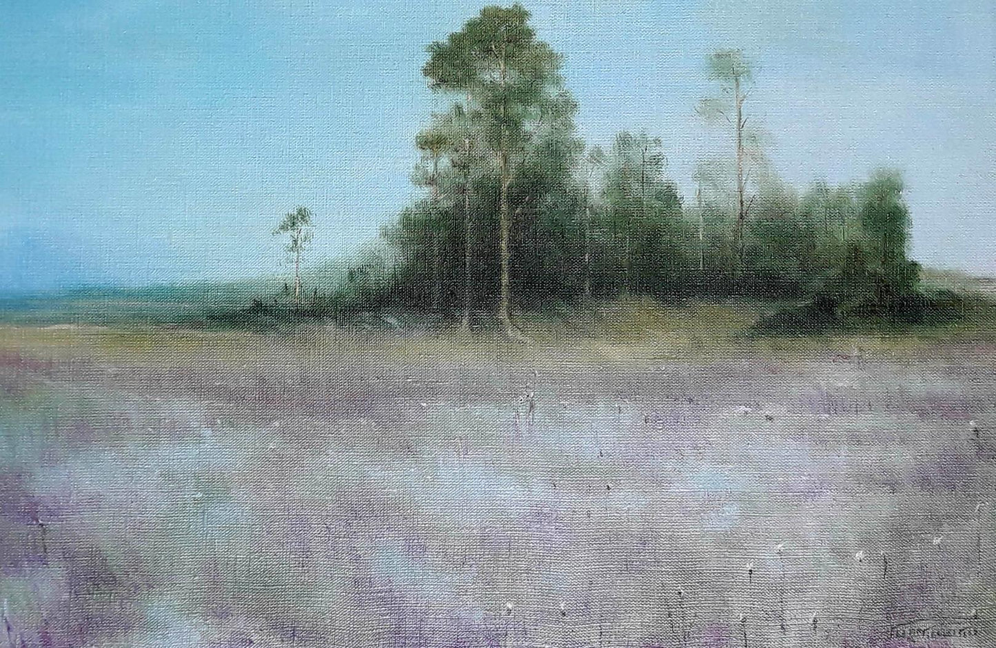 Serene oil painting by Korkishko Vasily: lavender field, tall trees, blue sky