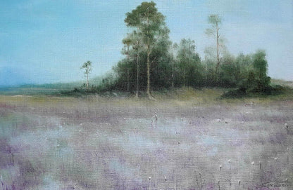 Serene oil painting by Korkishko Vasily: lavender field, tall trees, blue sky