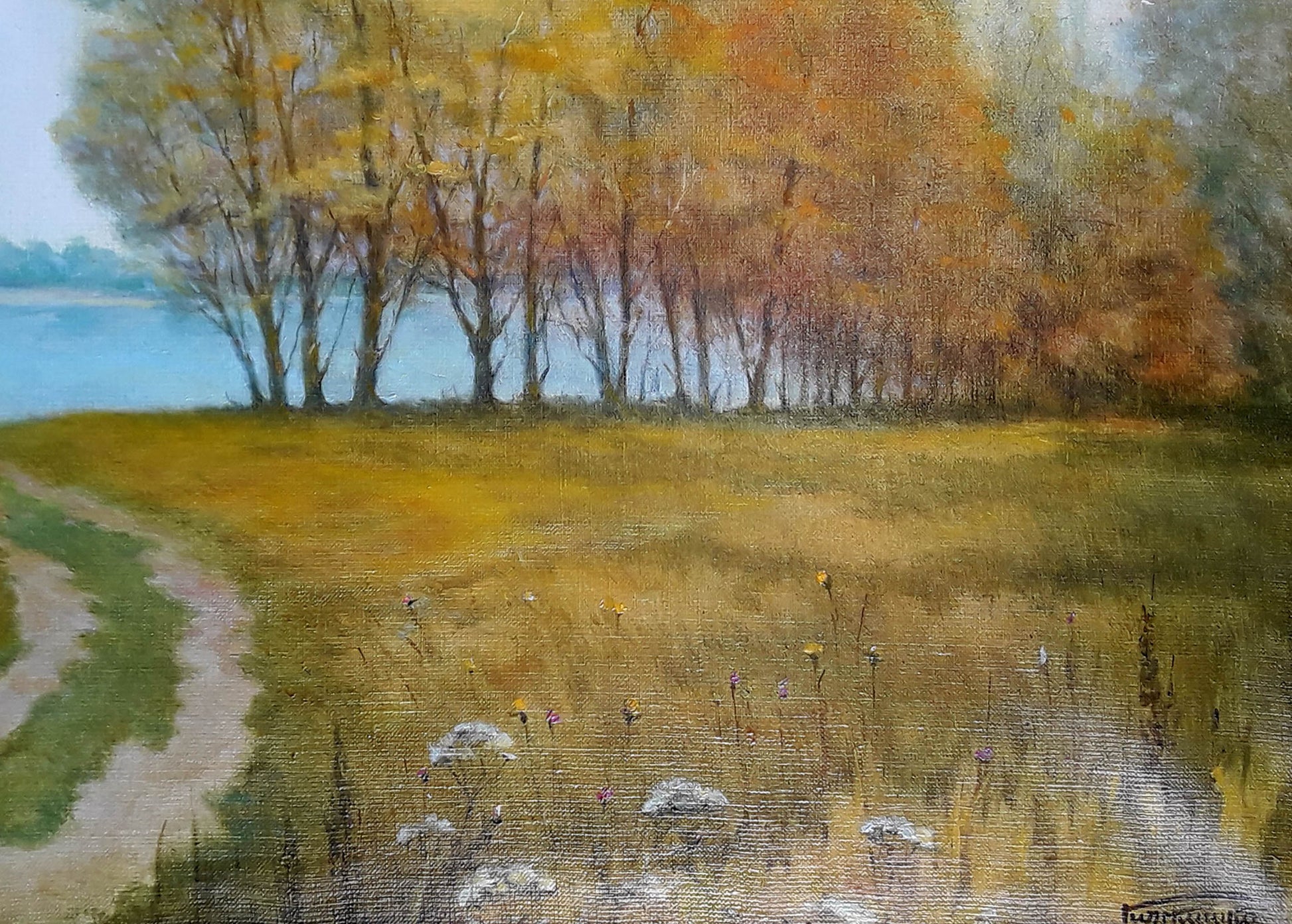 Oil painting Autumn by Korkishko Vasily: golden trees by lake