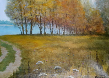 Oil painting Autumn by Korkishko Vasily: golden trees by lake