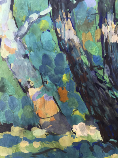 Oil painting In the meadow by Alexander Arkadievich Litvinov, vibrant abstract trees