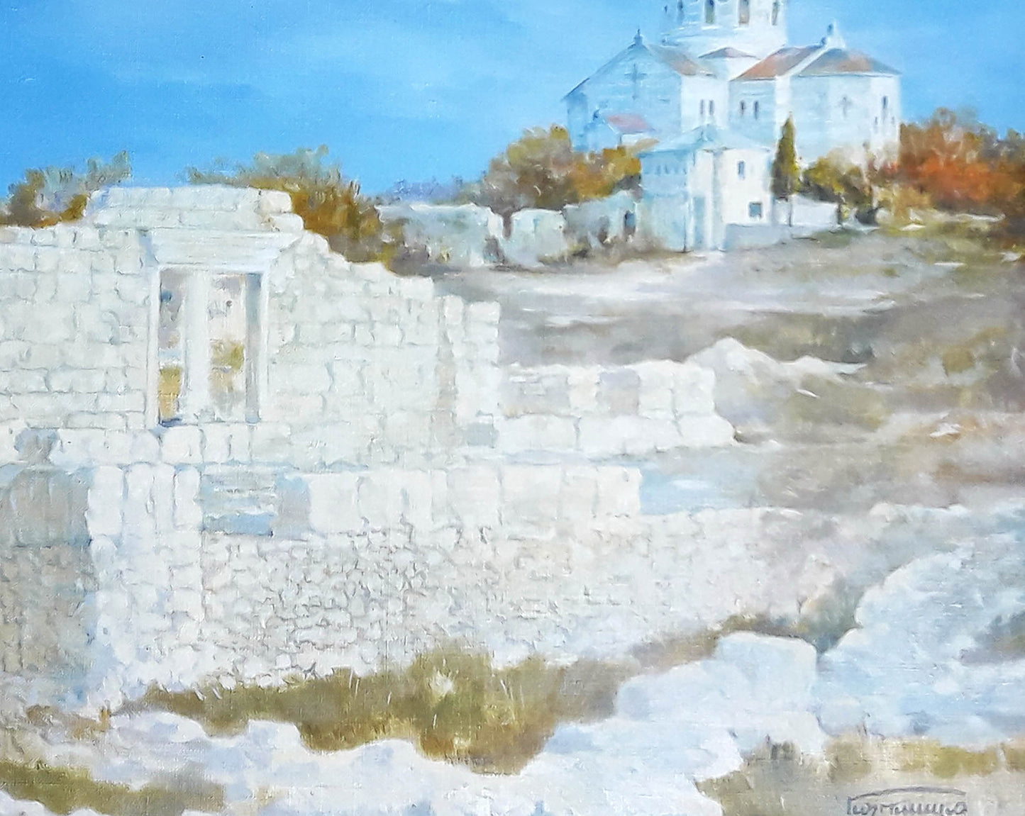 Oil painting of Chersonesos ruins and Korkishko Vasily church under blue sky