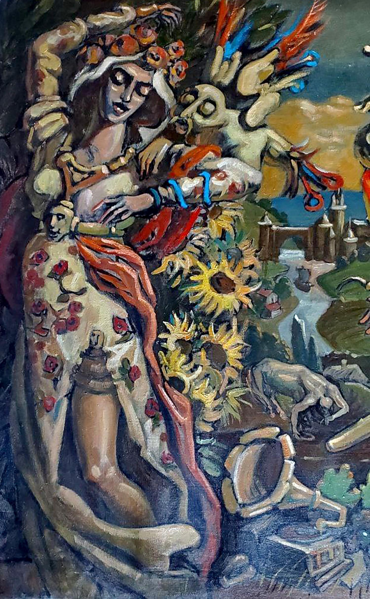 Oil painting Dreams of a Cossack by Litvinov Daniil Olegovich, vibrant woman in floral gown