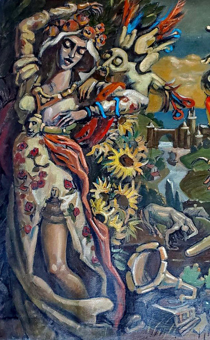 Oil painting Dreams of a Cossack by Litvinov Daniil Olegovich, vibrant woman in floral gown
