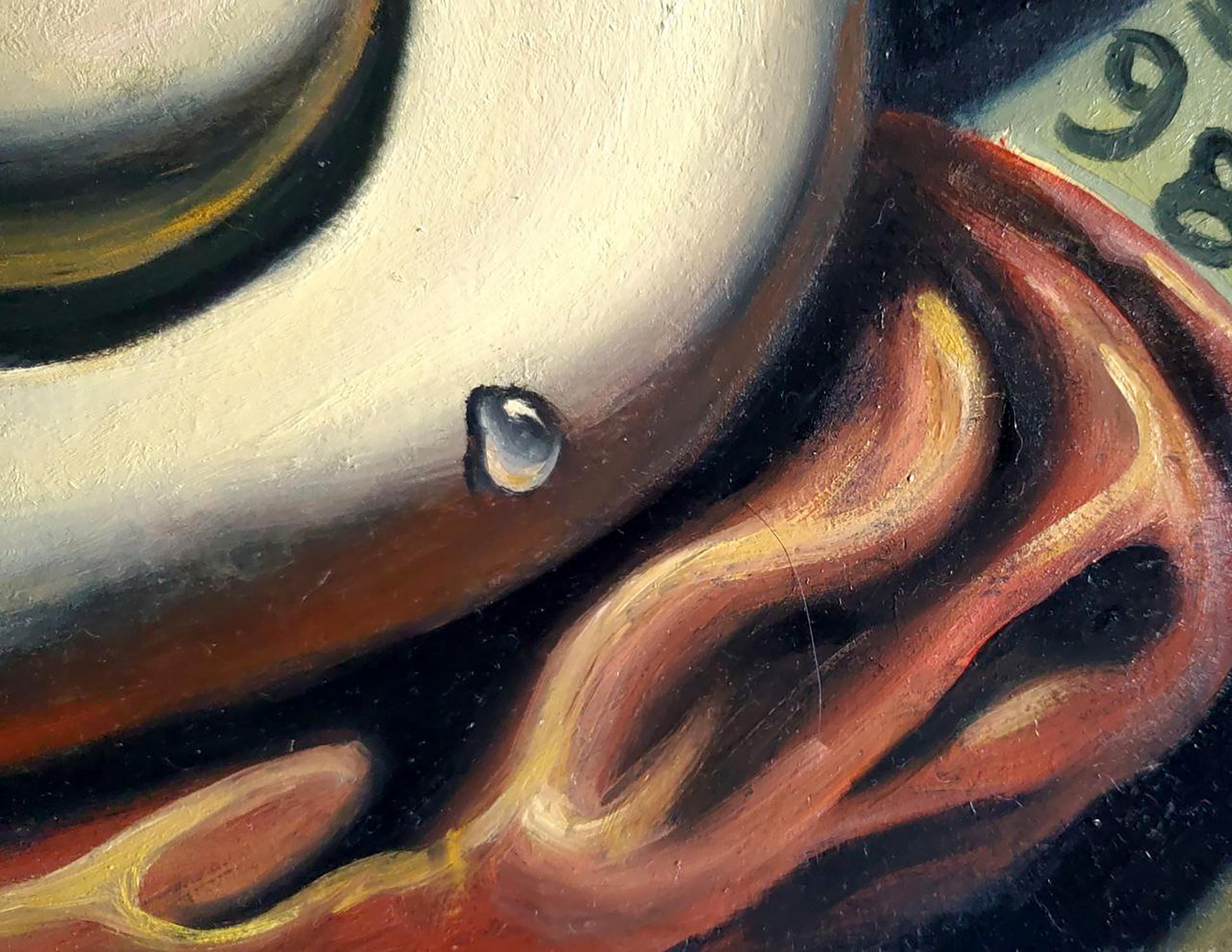 Creamy white ceramic teacup with gold rim in Litvinov Daniil Olegovich abstract oil painting