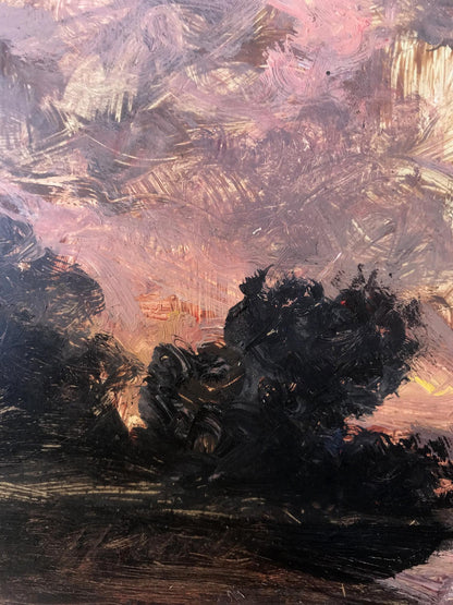 Oil painting Evening landscape by Alexander Arkadievich Litvinov, abstract expressionist with bold black purple brushstrokes on pink orange swirls