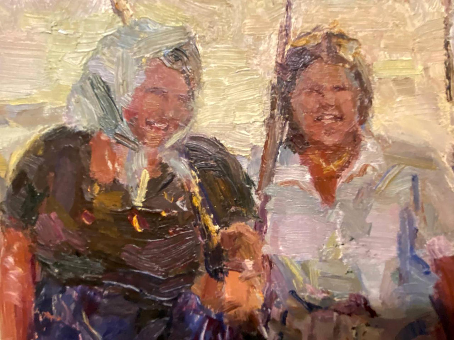 Impressionistic oil painting of smiling Kolkhoz women by unknown artist