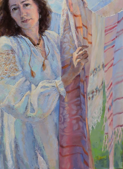 Oil painting by Catherine Oksana Osnach: woman in light blue lace dress with striped scarves