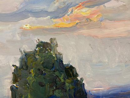 Oil painting On a hill by Chernov Leonid Ivanovich, textured cliffside in greens and blues