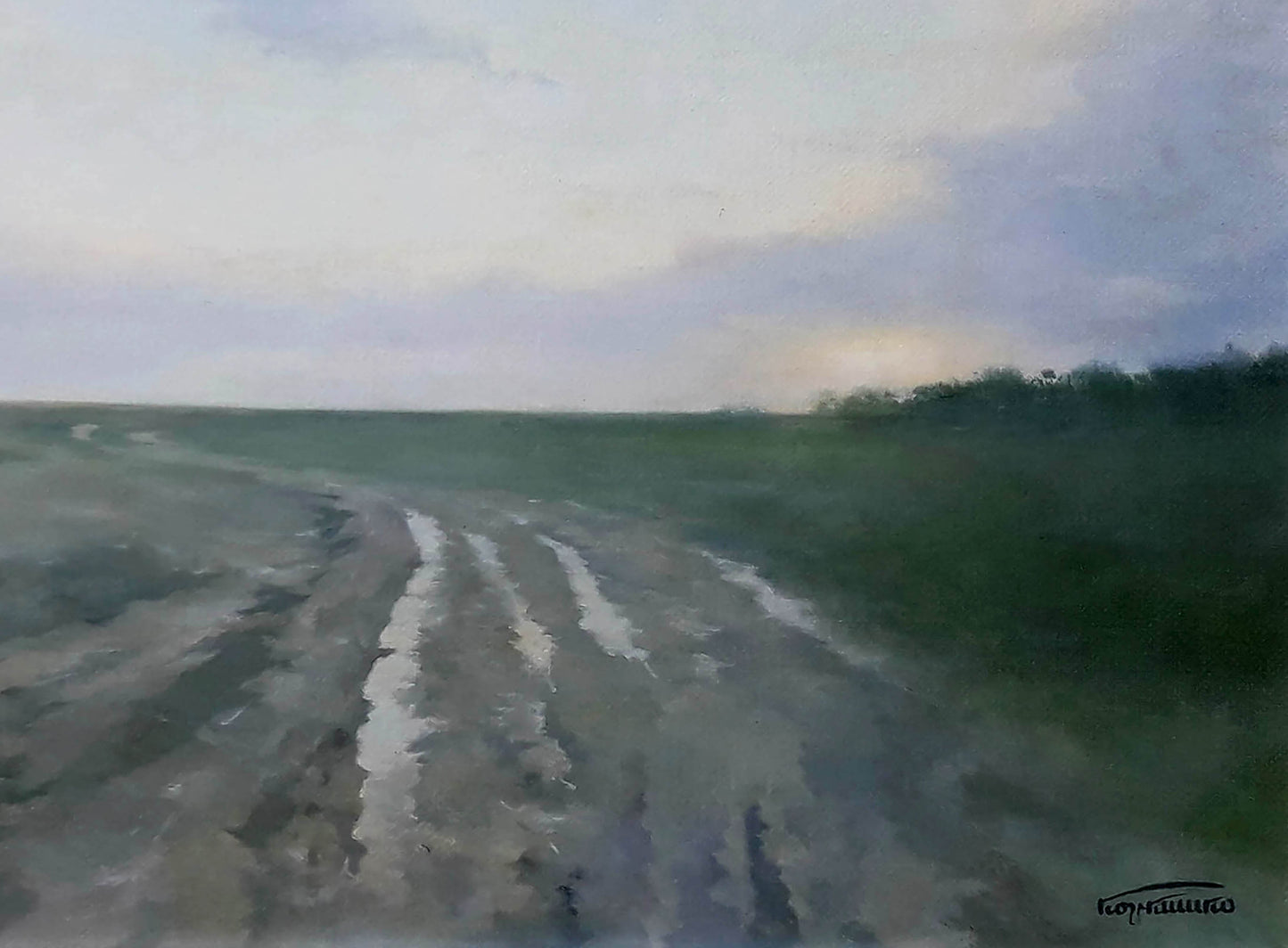 Oil painting After the Rain by Korkishko Vasily: muted green gray muddy road to fields