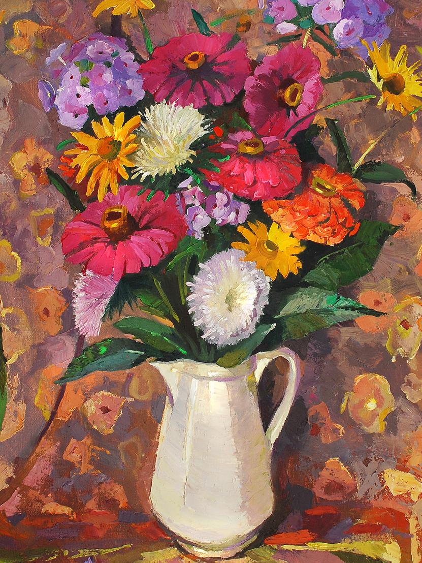 Oil painting of still life with white ceramic vase of vibrant pink yellow orange purple flowers by Egor Shvachunov