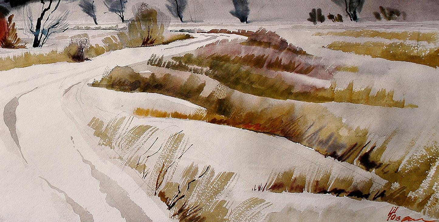 Watercolor painting Winter Obolon by Egor Shvachunov snowy landscape