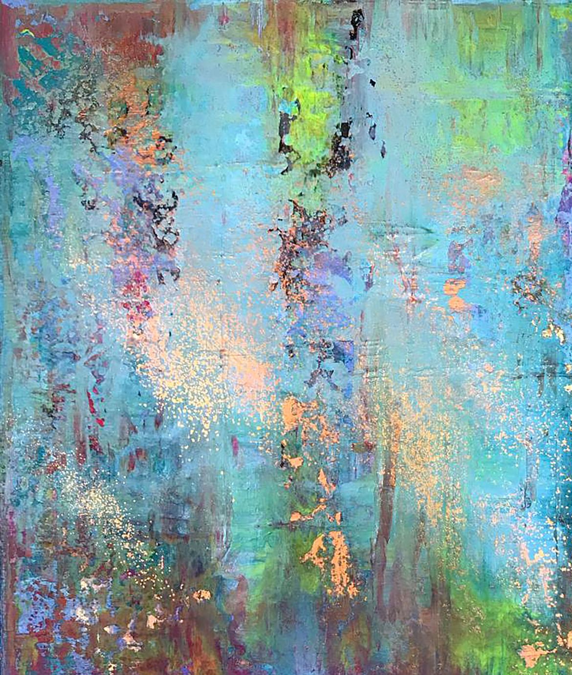 Abstract Blooming Field acrylic painting by Melezhik Olga in teal green blue