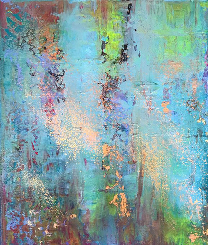 Abstract Blooming Field acrylic painting by Melezhik Olga in teal green blue