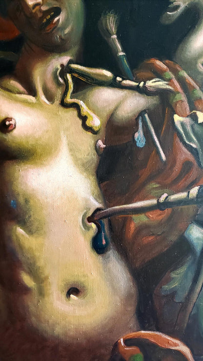 Surreal oil painting by Litvinov Daniil Olegovich: nude figure with paintbrushes