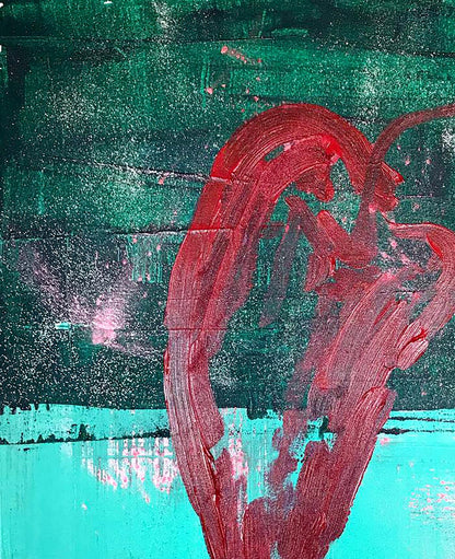 Bold red abstract heart by Pepper Melezhik Olga on green teal background
