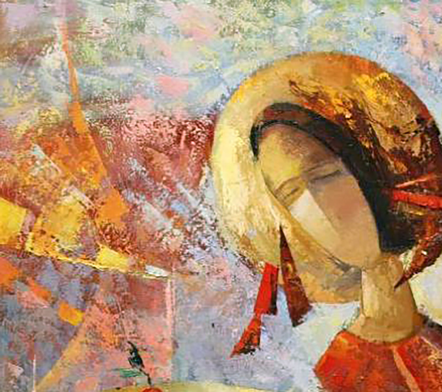 Oil painting Cup of Goodness by Kirilenko Ivan: stylized woman in wide-brimmed hat