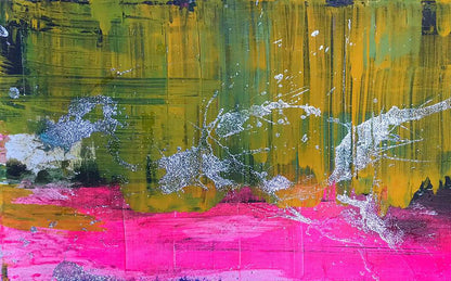 Vibrant Good Mood acrylic painting by Melezhik Olga, green yellow strokes pink silver accents