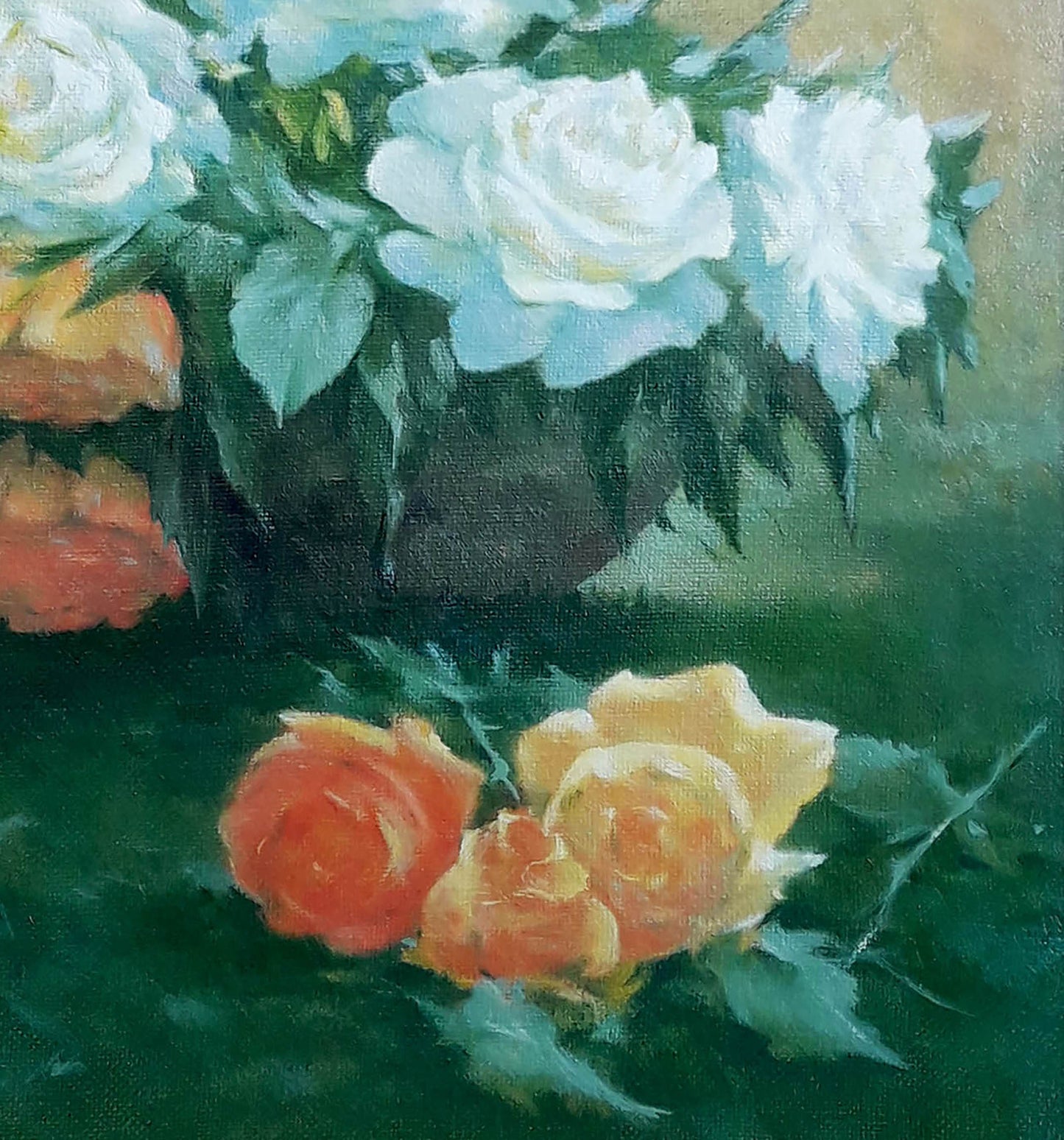 Oil painting of white and yellow roses in vase by Vasily Korkishko