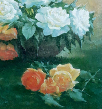 Oil painting of white and yellow roses in vase by Vasily Korkishko