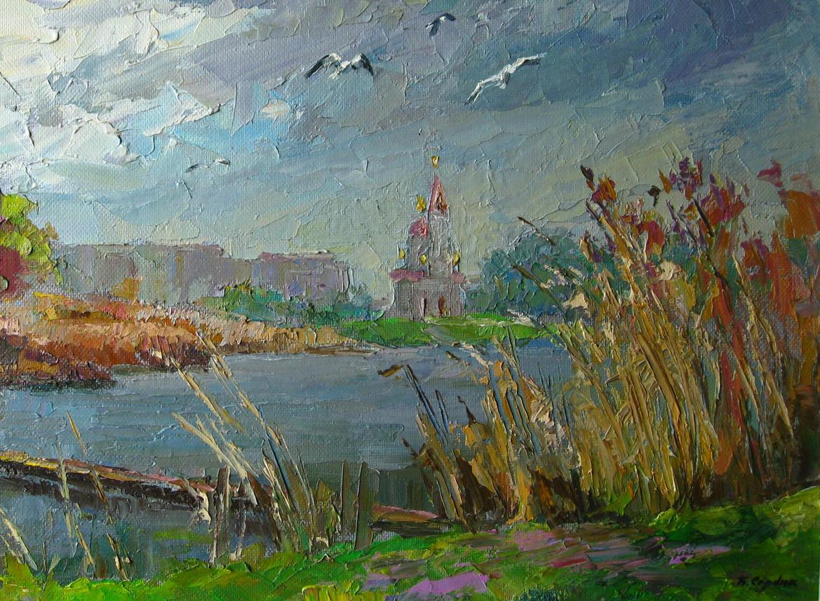 Oil painting Gulls over the river by Serdyuk Boris Petrovich with golden reeds
