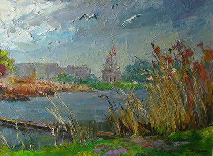 Oil painting Gulls over the river by Serdyuk Boris Petrovich with golden reeds