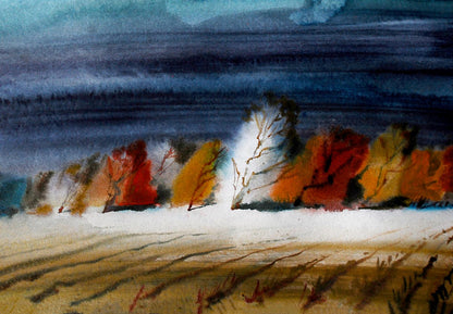 Watercolor painting Cold fall by Egor Shvachunov autumn trees foliage