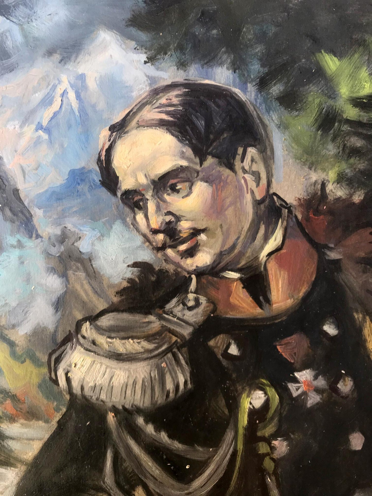 Oil painting portrait of officer Alexander Litvinov in mountains