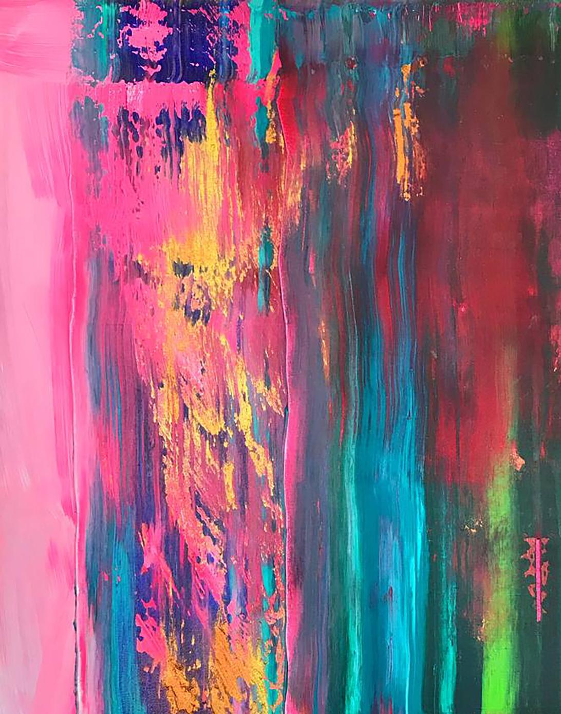 Vibrant abstract acrylic painting Pursuit by Melezhik Olga with pink teal gold streaks
