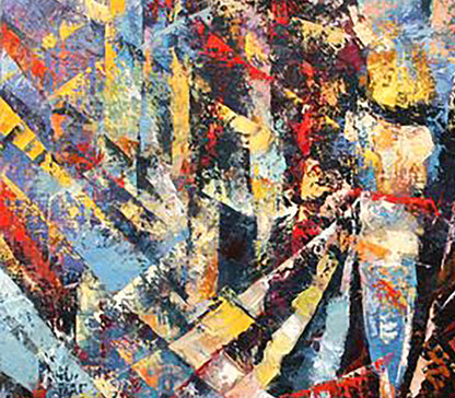 Vibrant oil painting Sun rays Kirilenko Mikhail with bold blue yellow red black strokes