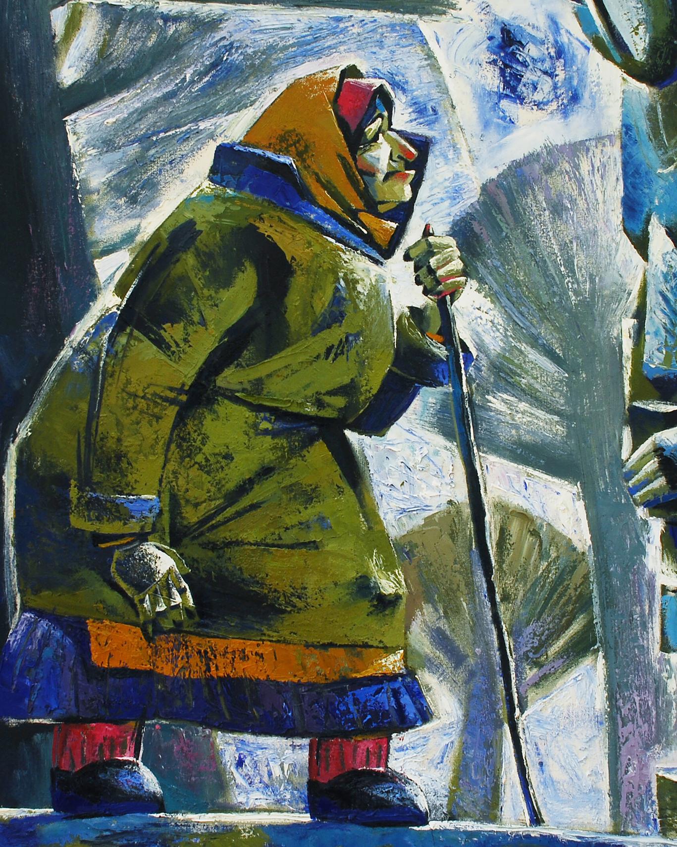 Abstract oil painting White Day by Egor Shvachunov, yellow coat figure with cane