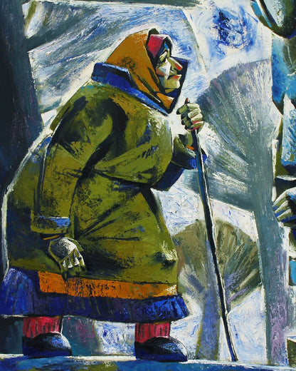 Abstract oil painting White Day by Egor Shvachunov, yellow coat figure with cane