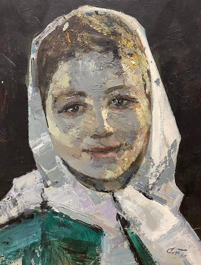 Textured oil painting portrait of Milkmaid by Leonid Mikhaylovich, woman in white headscarf