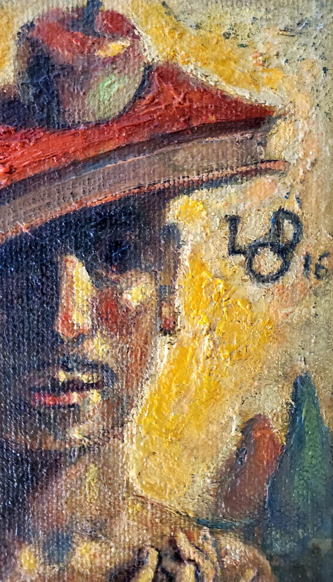 Oil painting self-portrait by Litvinov Daniil Olegovich in red hat