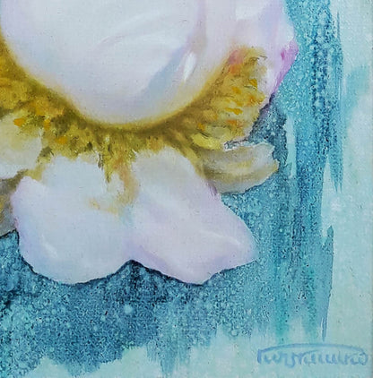 Oil painting of soft pink white flower with golden center by Vasily Korkishko