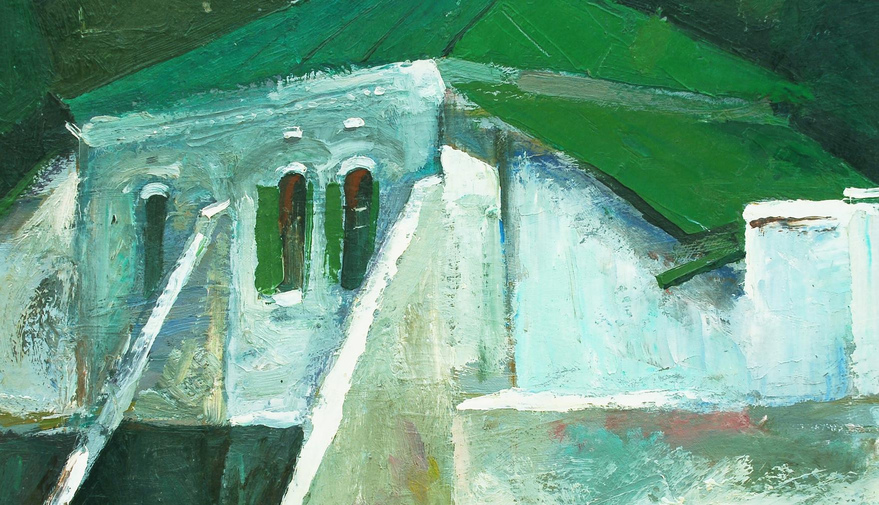 Oil painting of Buttress House by Egor Shvachunov, textured white building