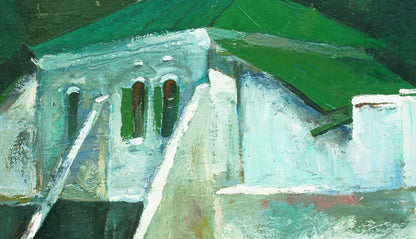 Oil painting of Buttress House by Egor Shvachunov, textured white building